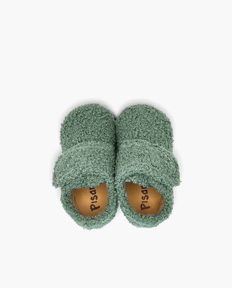 Pantufas Fechadas Infantil com Velcro em Pelo de Ovelha Verde-4
