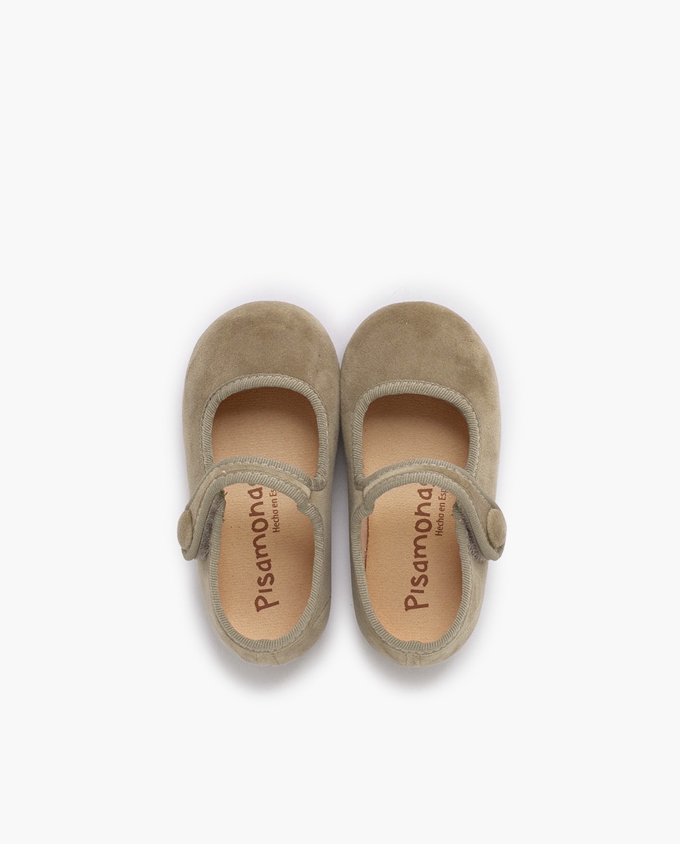 Sapatos de Presilha para Bebé Velvet com Velcro e Botão Bege-4