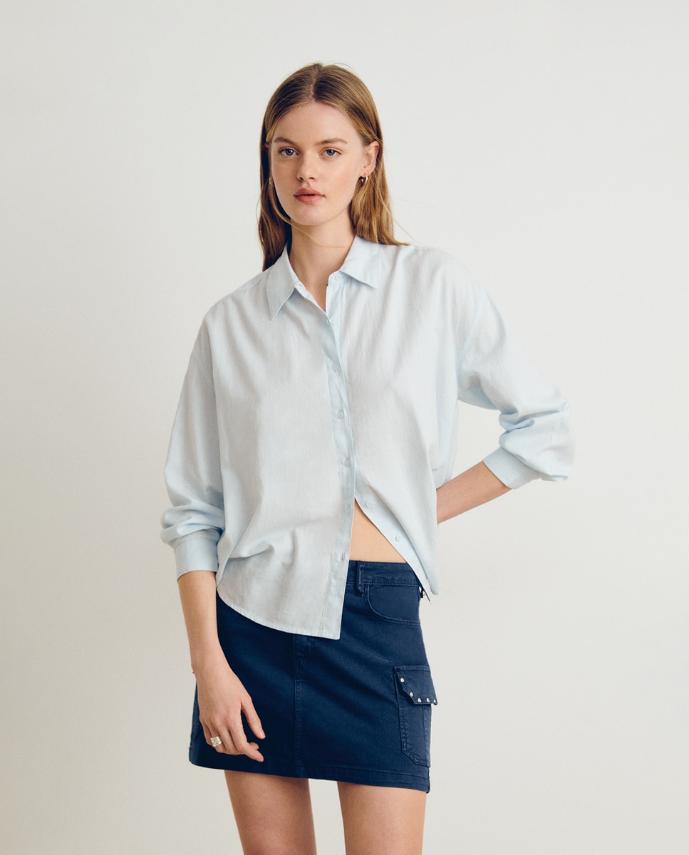 Camisa de Algodão de Manga Comprida Azul-claro-1