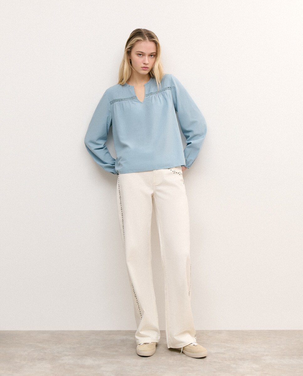 Blusa em Algodão com Pregas Azul-claro-3
