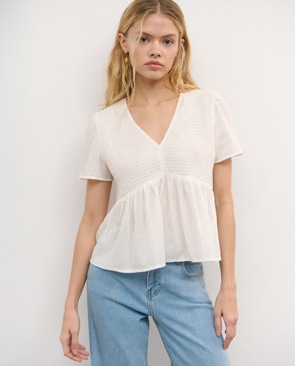 Blusa de Algodão com Smock Branco-1