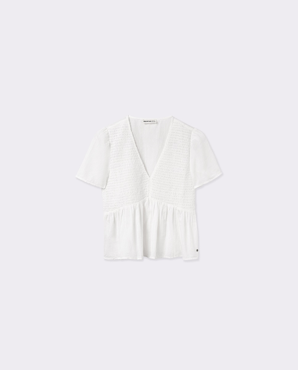 Blusa de Algodão com Smock Branco-5