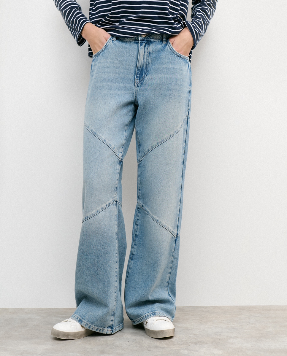 Jeans Regular com Costuras Azul-claro-3