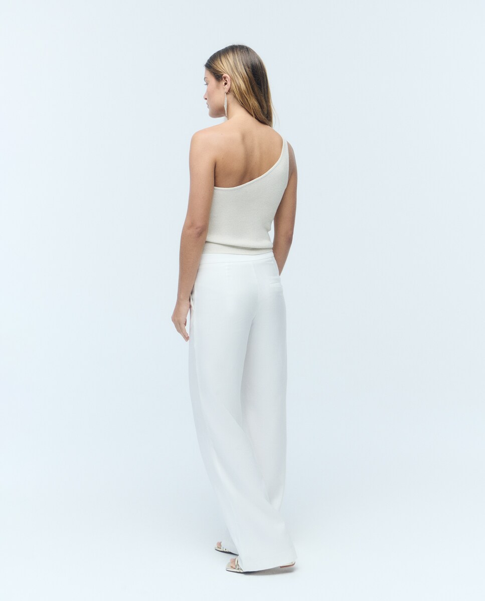 Calças com Corte a Direito de Fato com Bolsos Branco-2