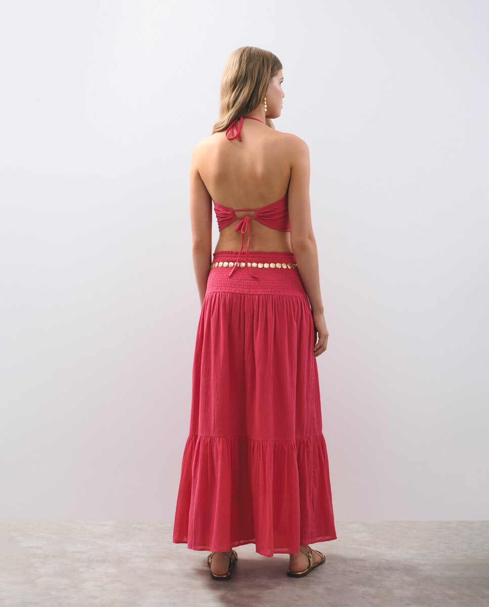 Saia Comprida de Algodão com Smock Fúcsia-2