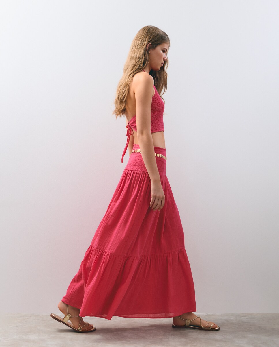 Saia Comprida de Algodão com Smock Fúcsia-3