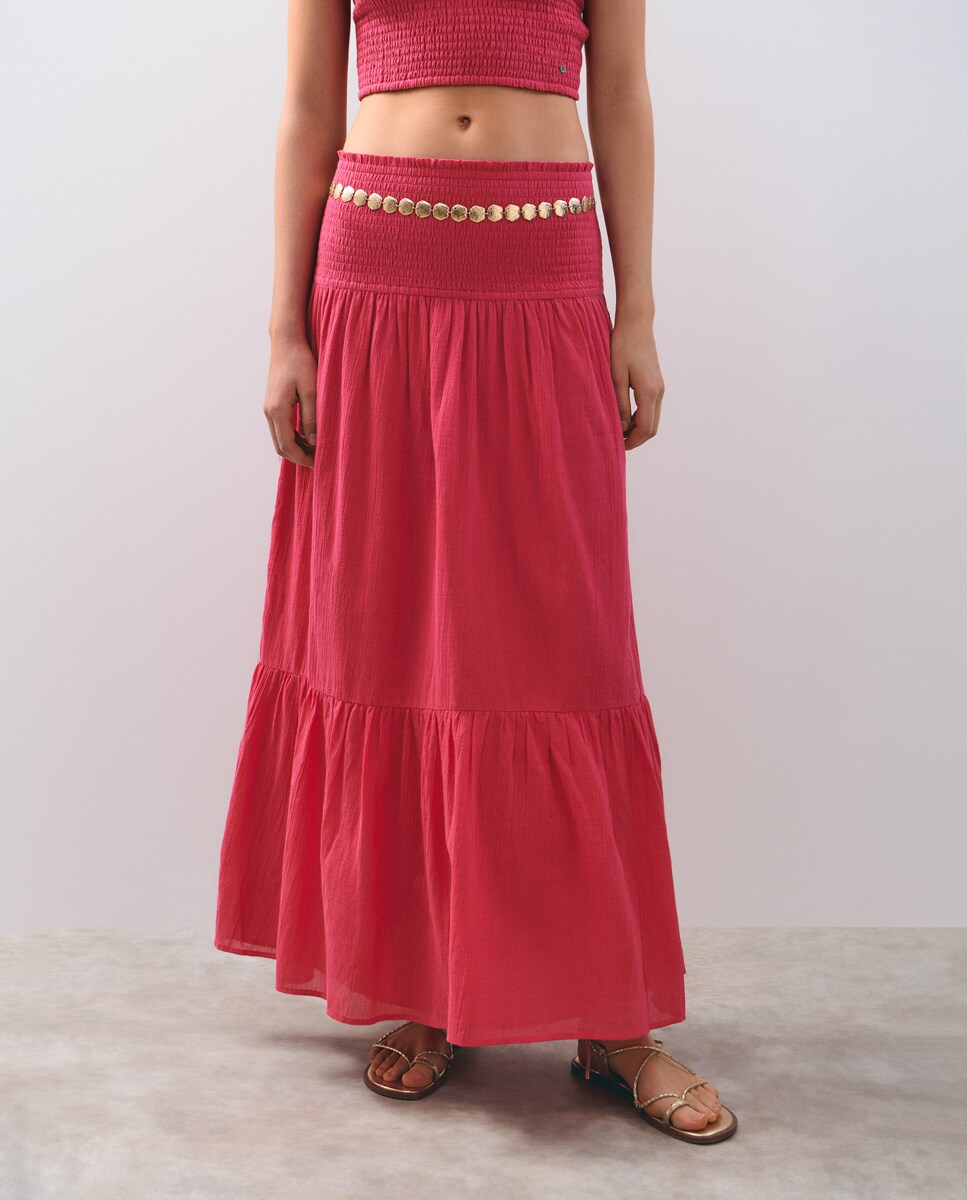 Saia Comprida de Algodão com Smock Fúcsia-4