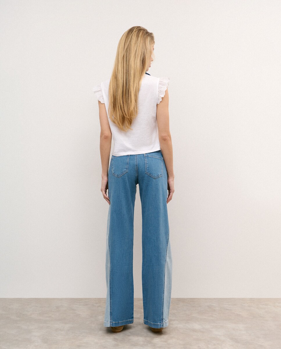 Jeans Regular Bicolor com Corte Lateral Azul-claro-2