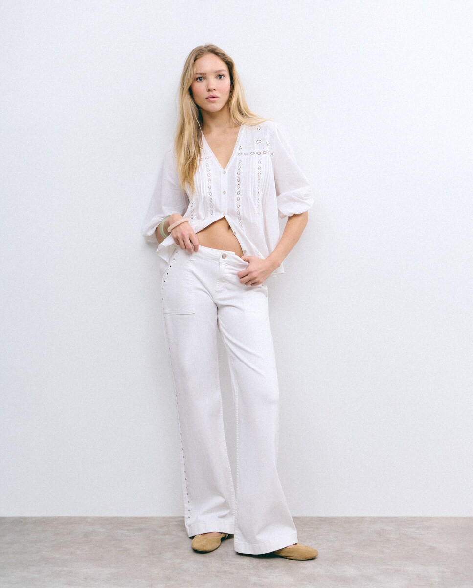 Calças Culotte com Tachas Branco-1