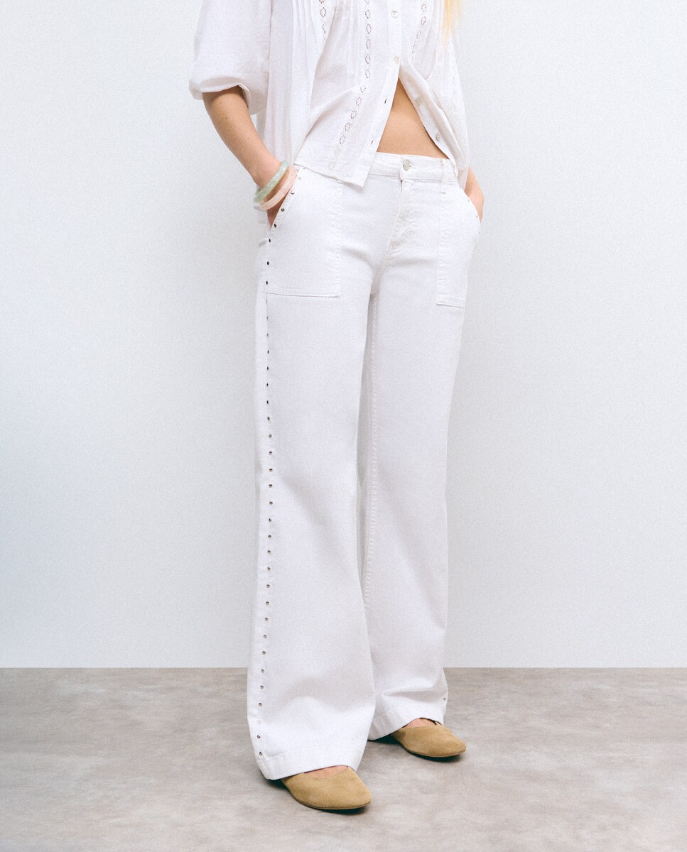 Calças Culotte com Tachas Branco-3
