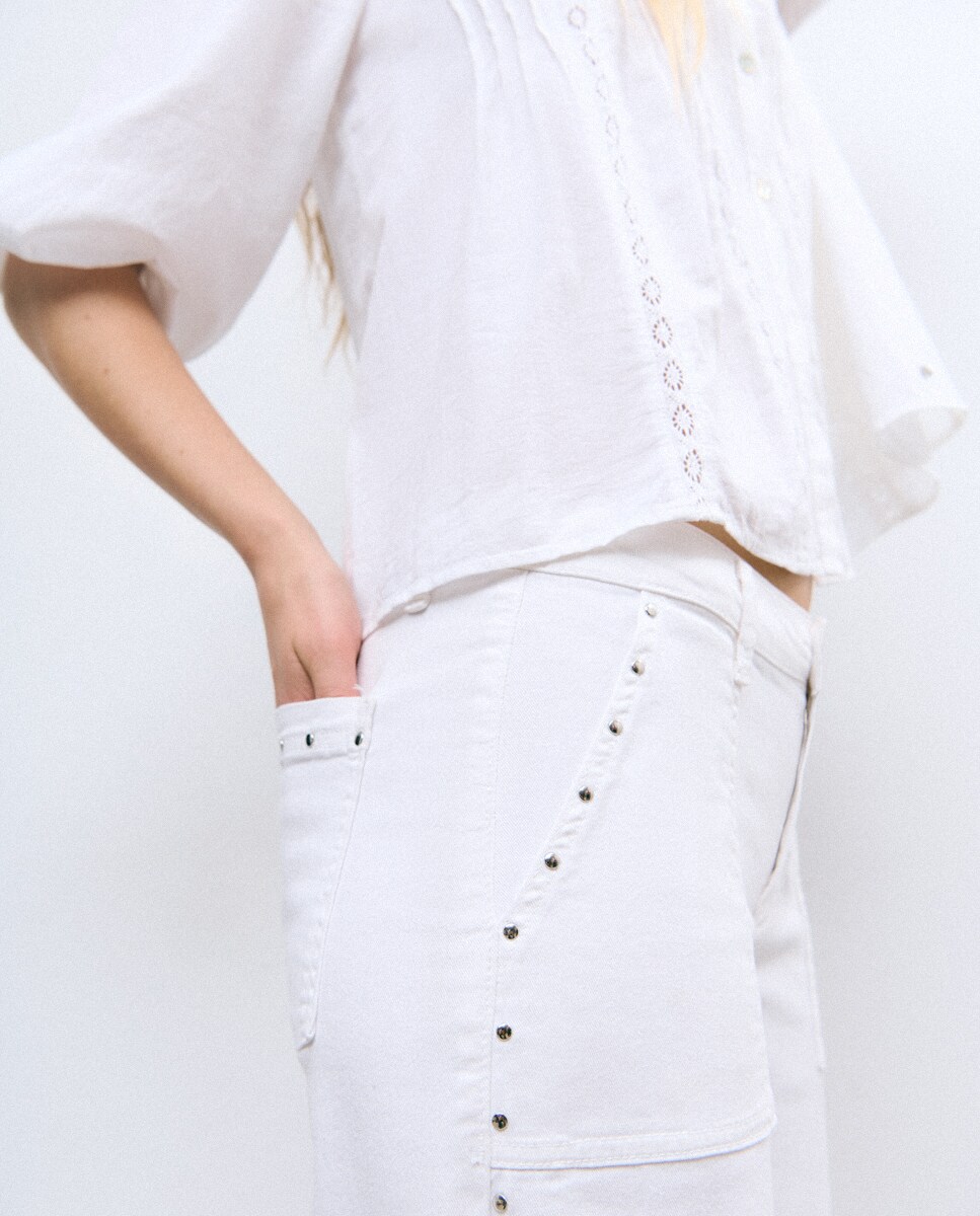 Calças Culotte com Tachas Branco-4