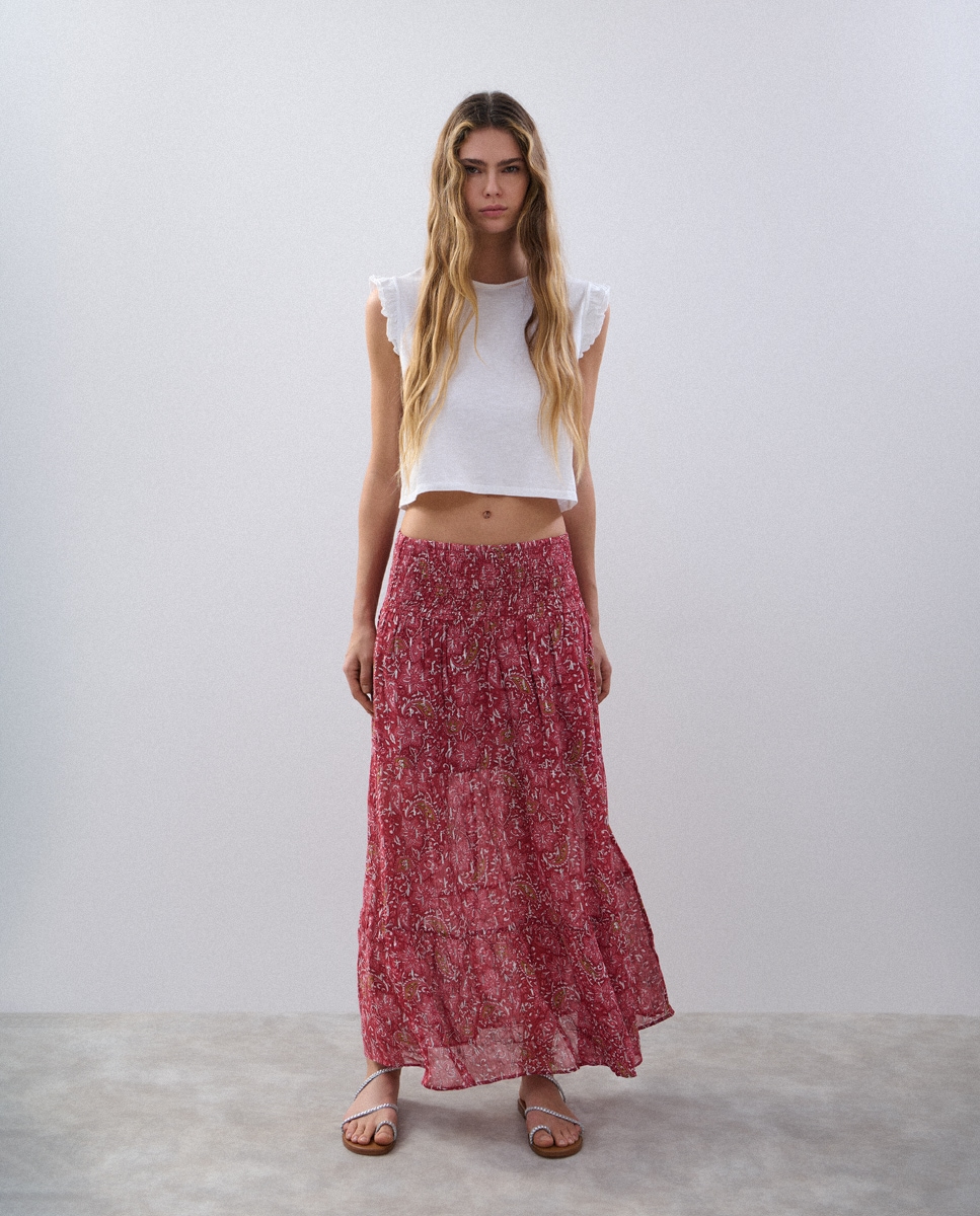 Saia Comprida Smock com Estampado Floral Vermelho-1