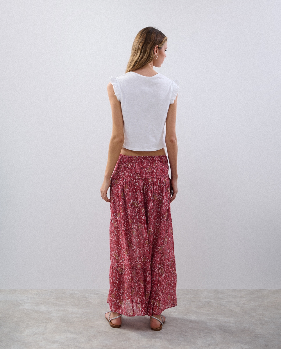 Saia Comprida Smock com Estampado Floral Vermelho-2