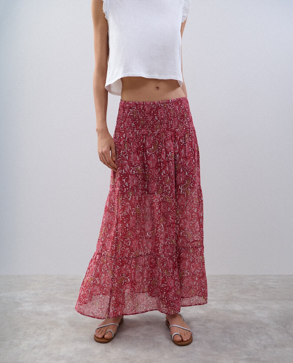 Saia Comprida Smock com Estampado Floral Vermelho-3