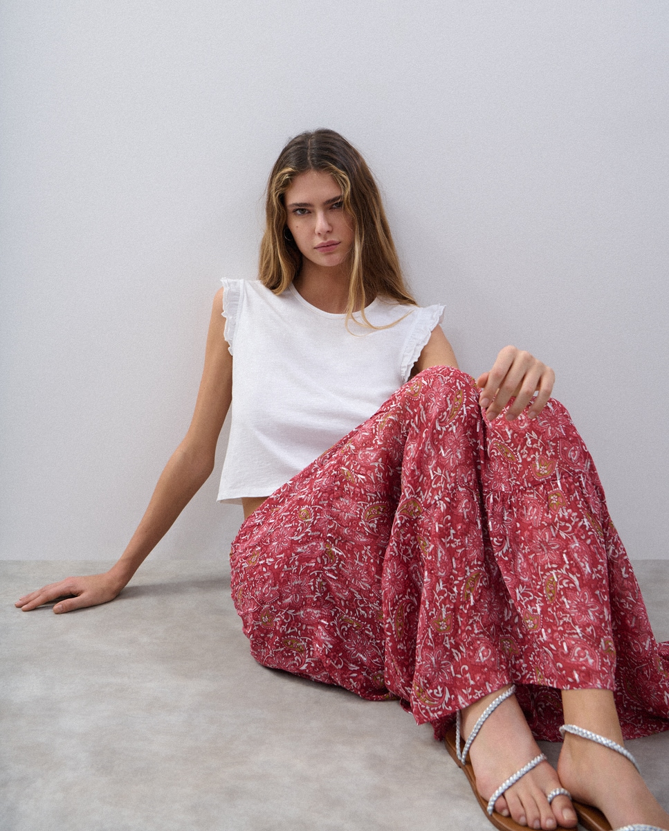 Saia Comprida Smock com Estampado Floral Vermelho-4