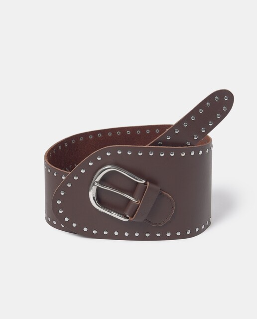 Imagem 0 de Cinto de Pele Assimétrico com Tachas em Castanho