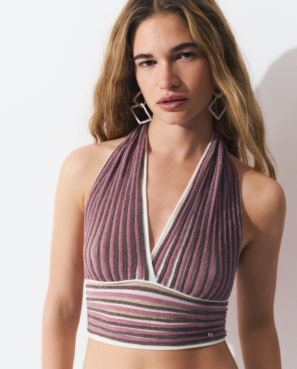 Top com Gola Halter Às Riscas Rosa / Branco-1