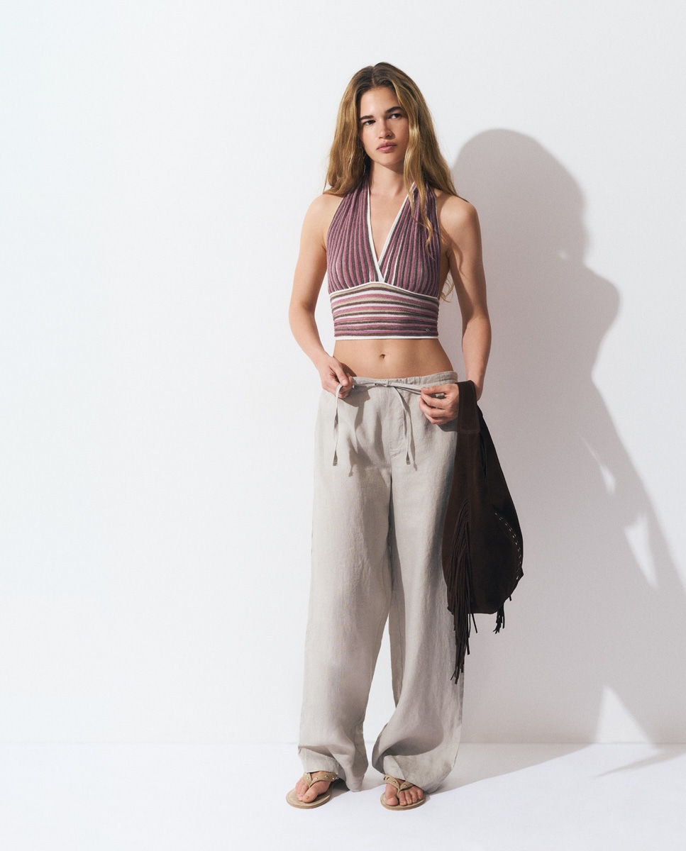 Top com Gola Halter Às Riscas Rosa / Branco-3