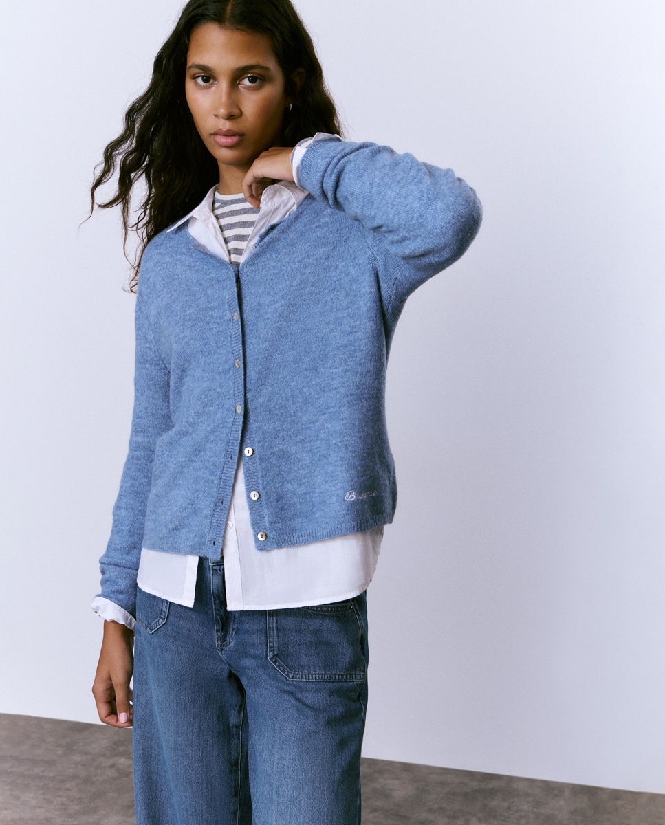 Casaco de Malha com Botões Azul-claro-1