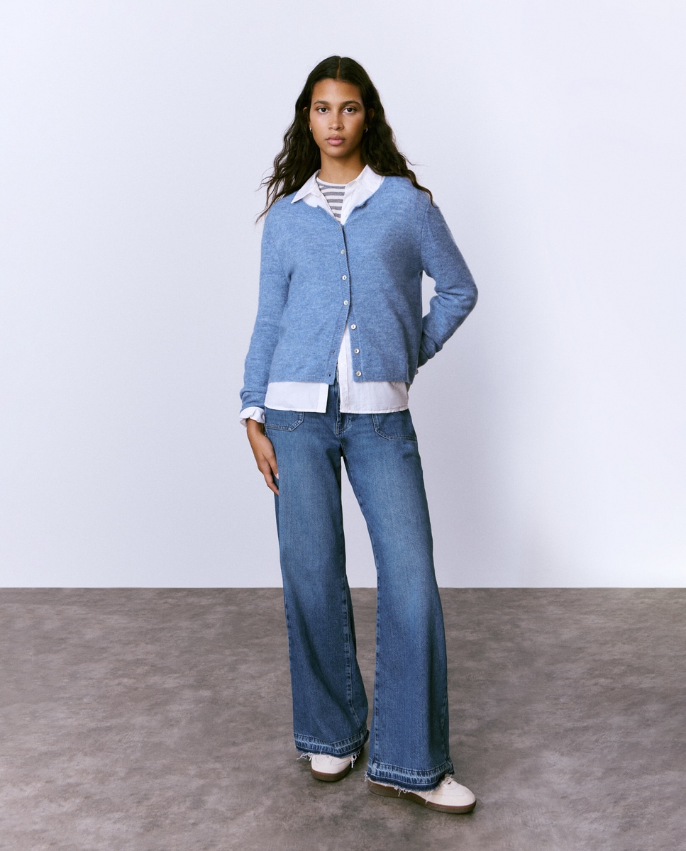 Casaco de Malha com Botões Azul-claro-3