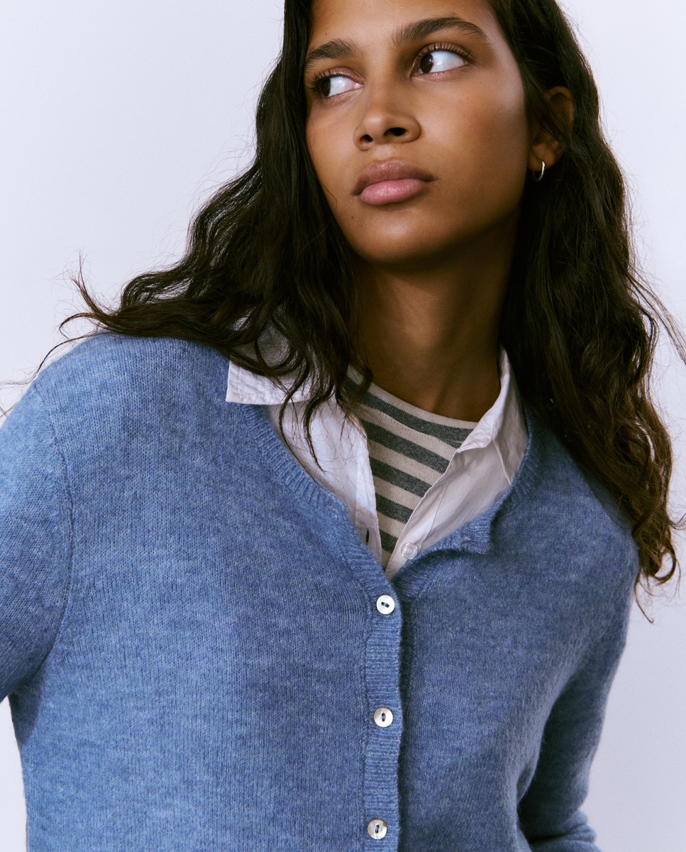 Casaco de Malha com Botões Azul-claro-4