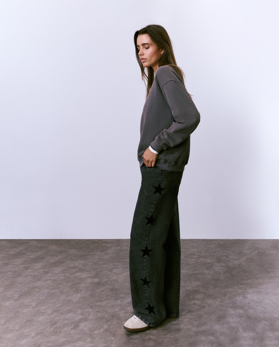 Jeans com Corte a Direito com Estrelas Cinzento-escuro-3