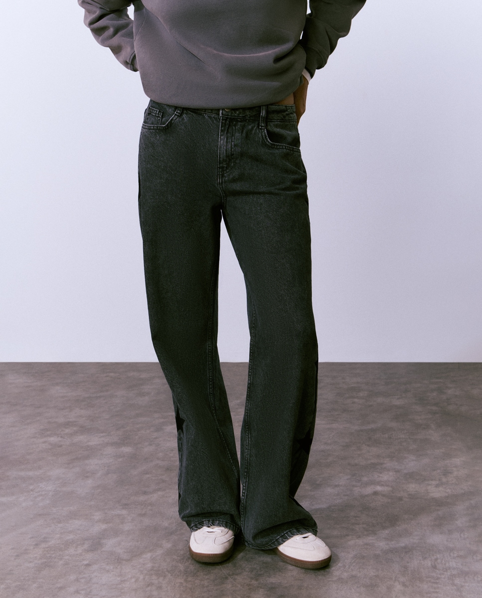 Jeans com Corte a Direito com Estrelas Cinzento-escuro-4