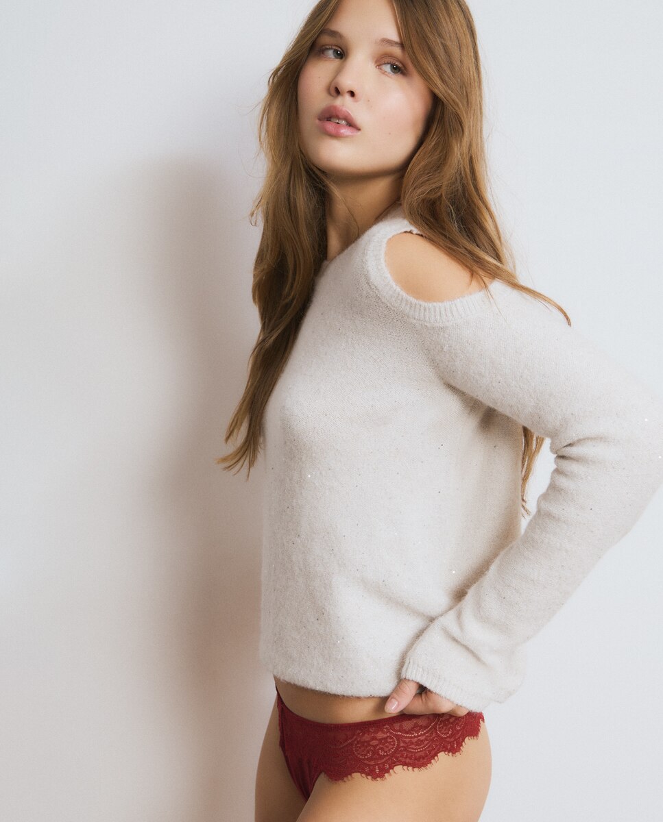 Cueca Lisa com Renda Vermelho-4