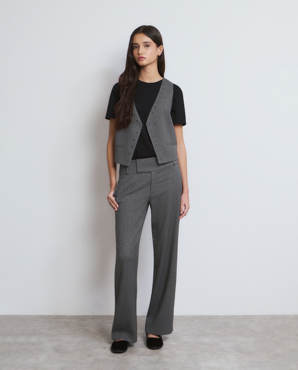 Calças com Corte a Direito com Eyelets Cinzento-1