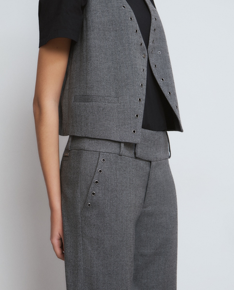 Calças com Corte a Direito com Eyelets Cinzento-4