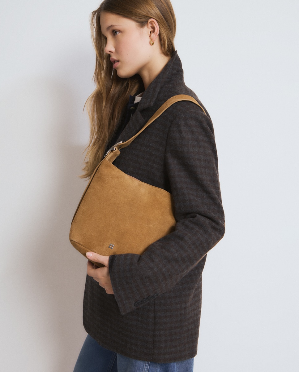 Mala de Ombro de Pele com Logo em Taupe Castanho-2