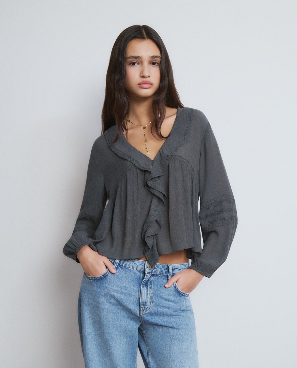 Blusa com Folhos Cinzento-escuro-1