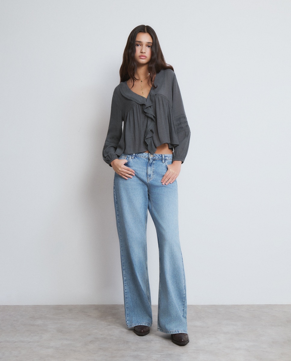Blusa com Folhos Cinzento-escuro-3
