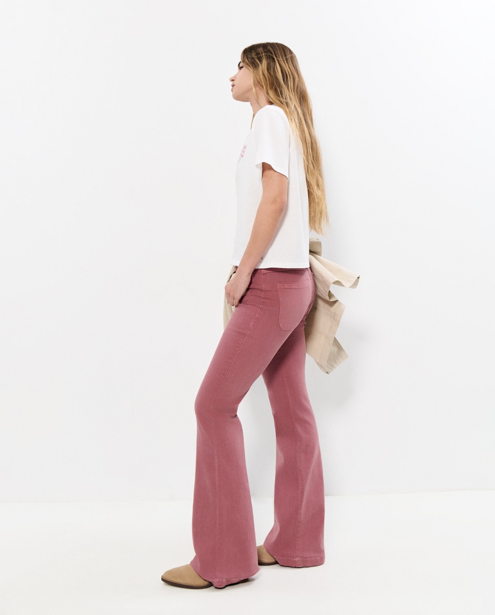 Calças À Boca de Sino com Bolsos Rosa-3