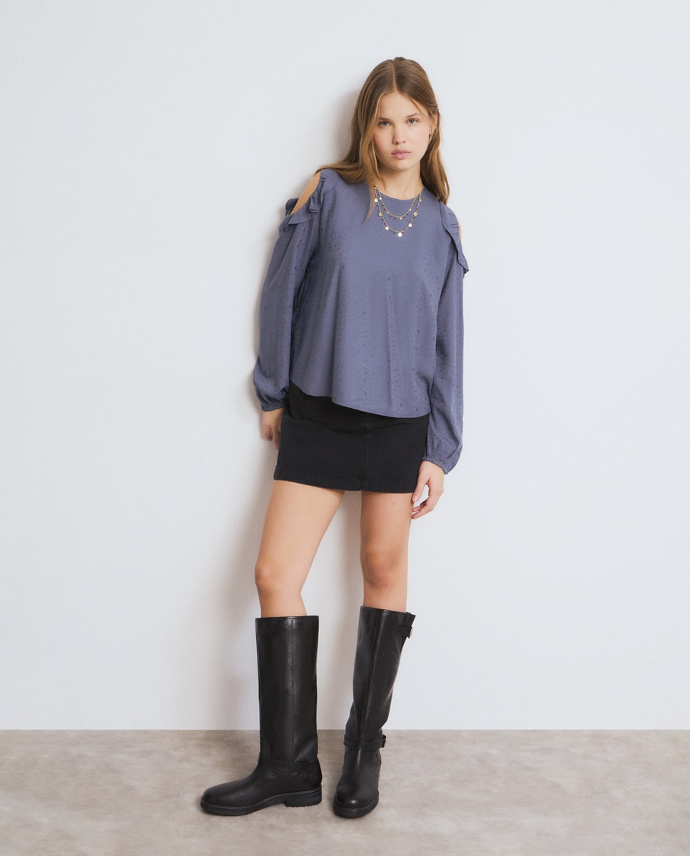 Blusa com Folhos e Estrelas Azul-acinzentado-3