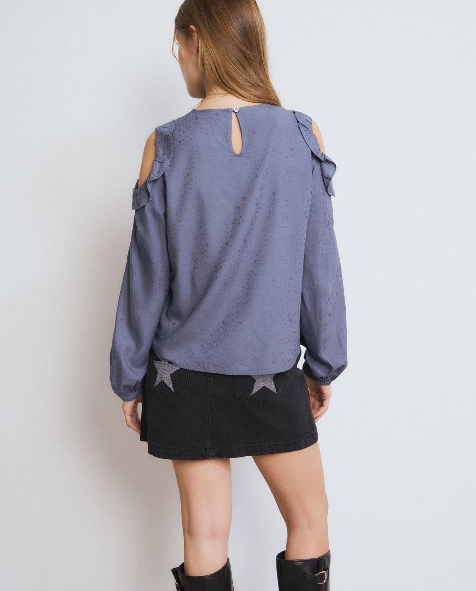 Blusa com Folhos e Estrelas Azul-acinzentado-2