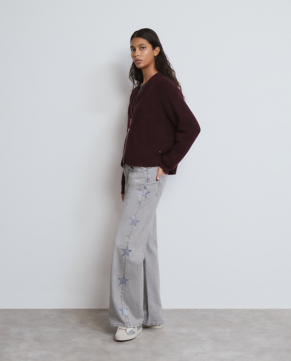 Jeans com Corte a Direito com Estrelas Laterais Cinzento-1