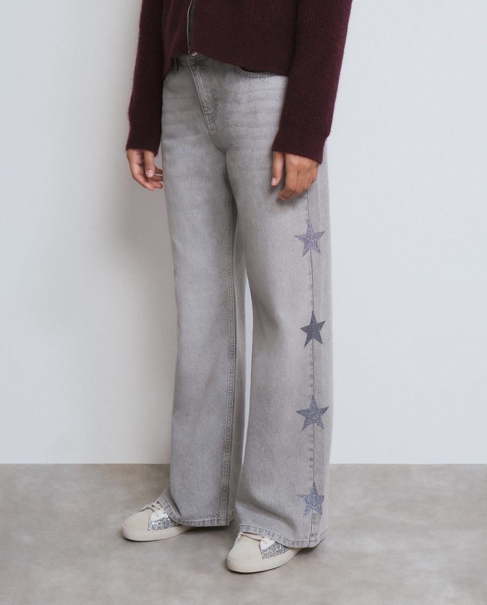 Jeans com Corte a Direito com Estrelas Laterais Cinzento-2