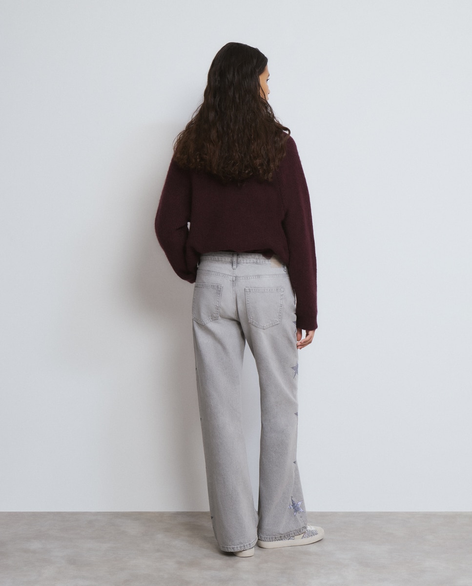 Jeans com Corte a Direito com Estrelas Laterais Cinzento-4