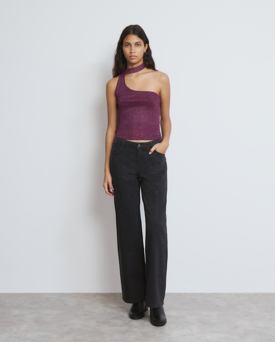 Jeans com Corte a Direito com Brilhos Preto-2