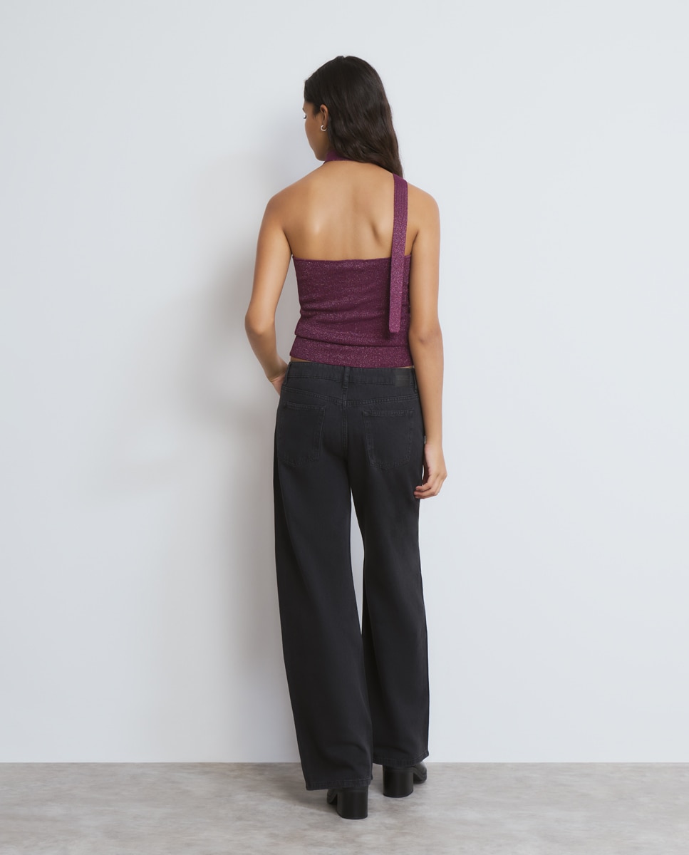Jeans com Corte a Direito com Brilhos Preto-4