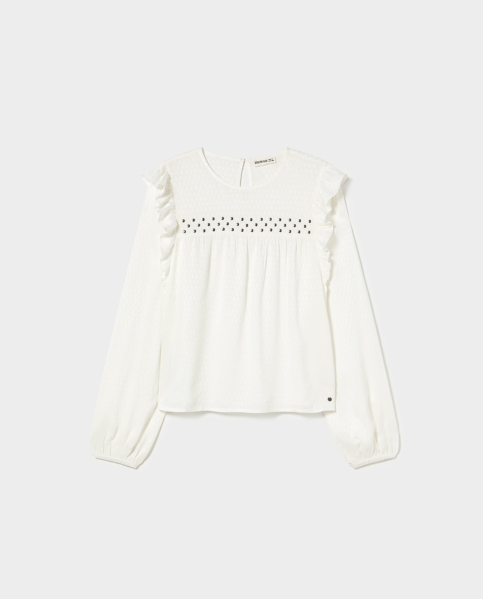 Blusa com Folhos e Tachas Branco-5