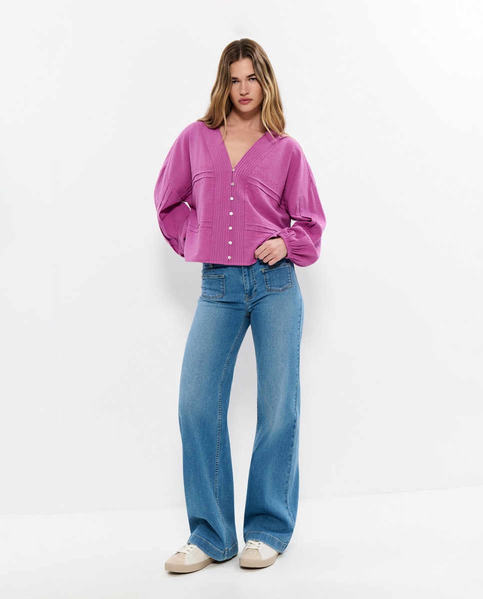 Blusa de Mangas Largas com Bordados Fúcsia-3
