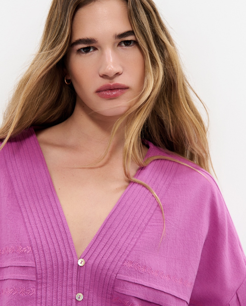 Blusa de Mangas Largas com Bordados Fúcsia-4