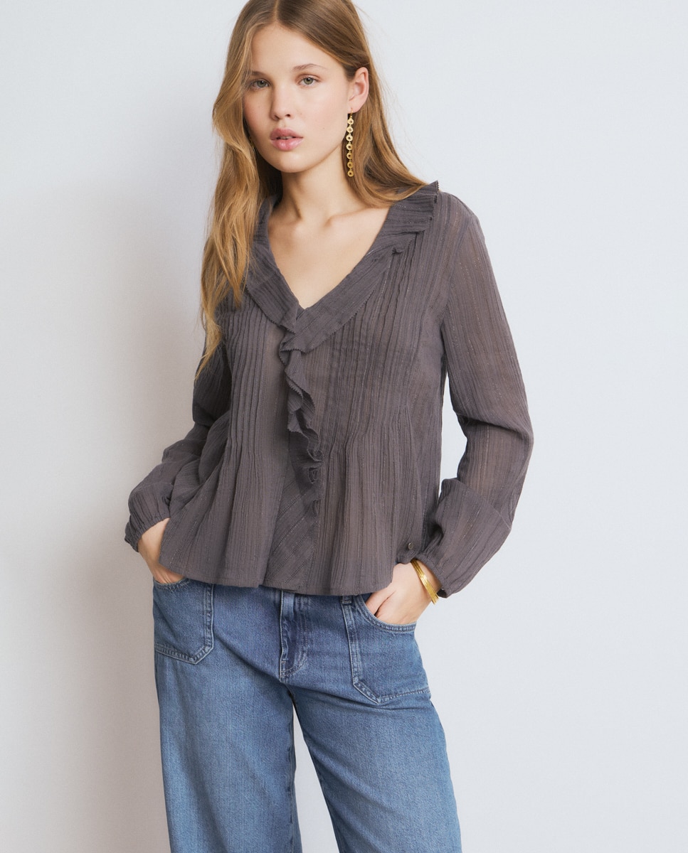 Blusa com Folhos e Lurex Cinzento-escuro-1