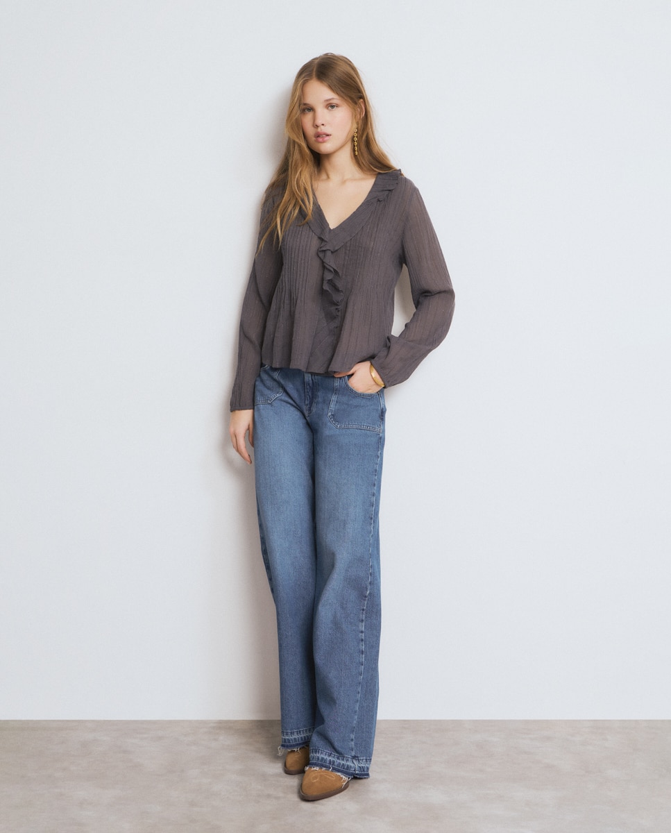 Blusa com Folhos e Lurex Cinzento-escuro-3
