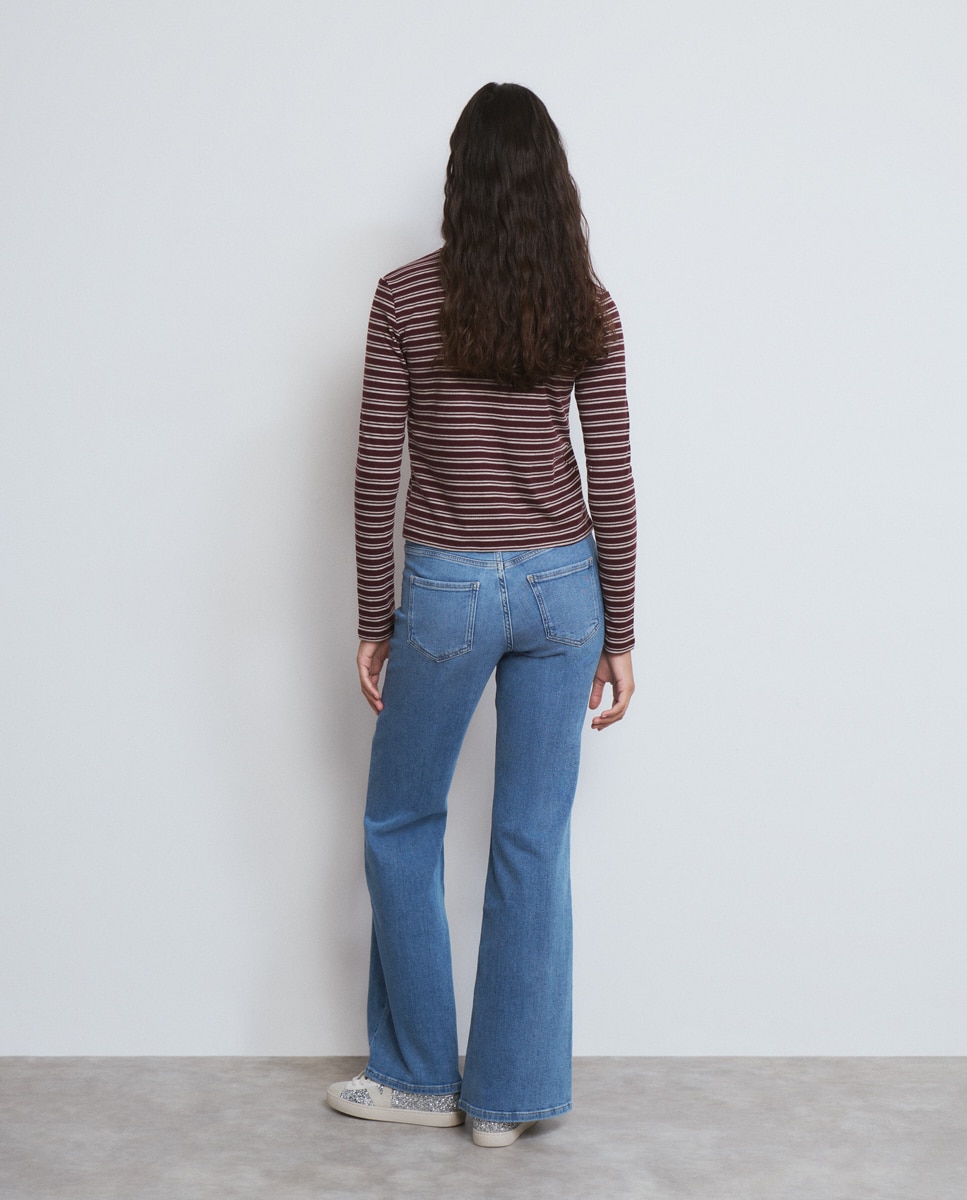 Jeans À Boca de Sino com Bolsos Frontais Azul denim-2