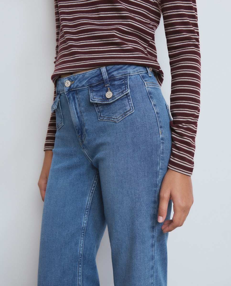 Jeans À Boca de Sino com Bolsos Frontais Azul denim-4