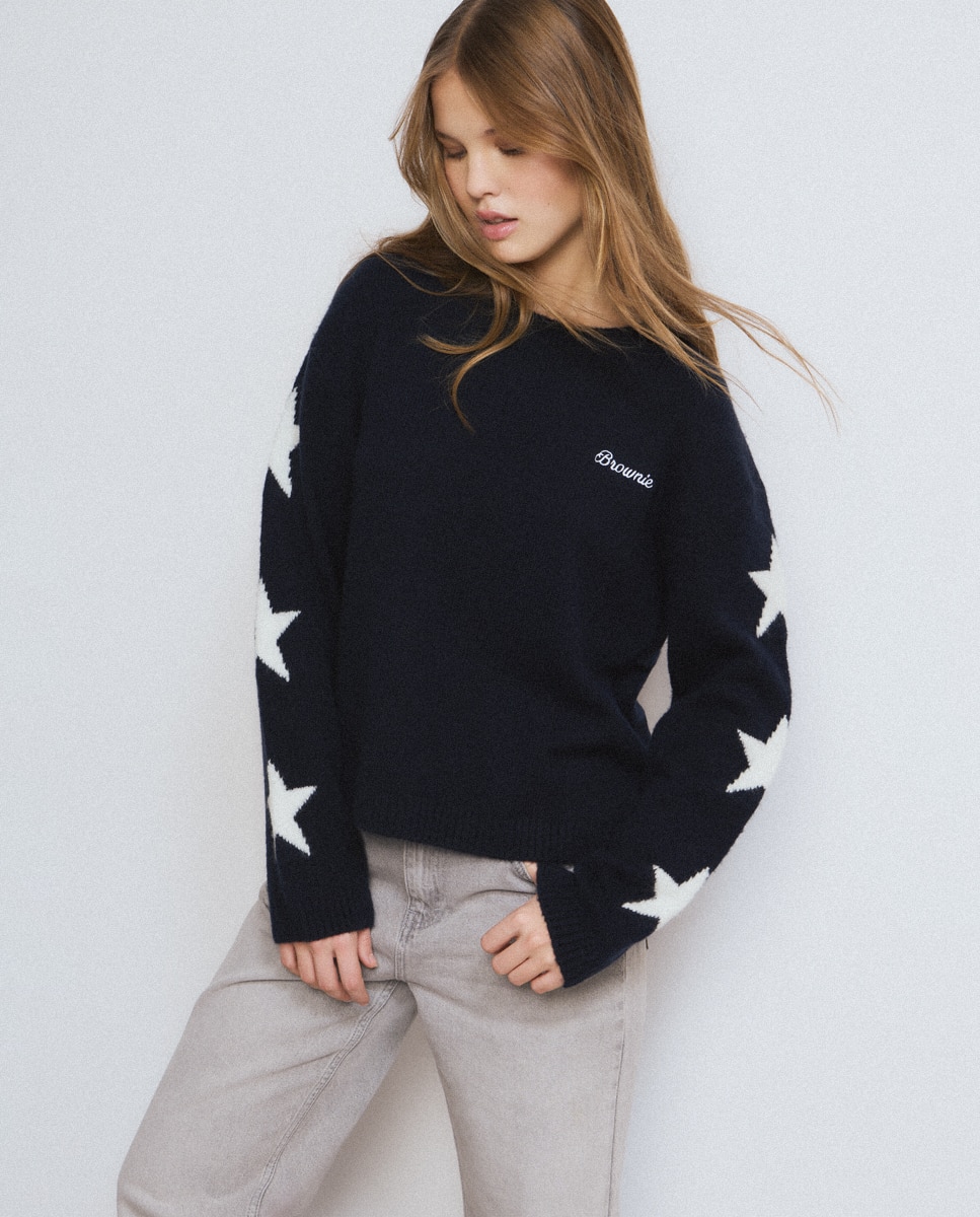 Camisola com Logo e Estrelas Azul / Branco-1