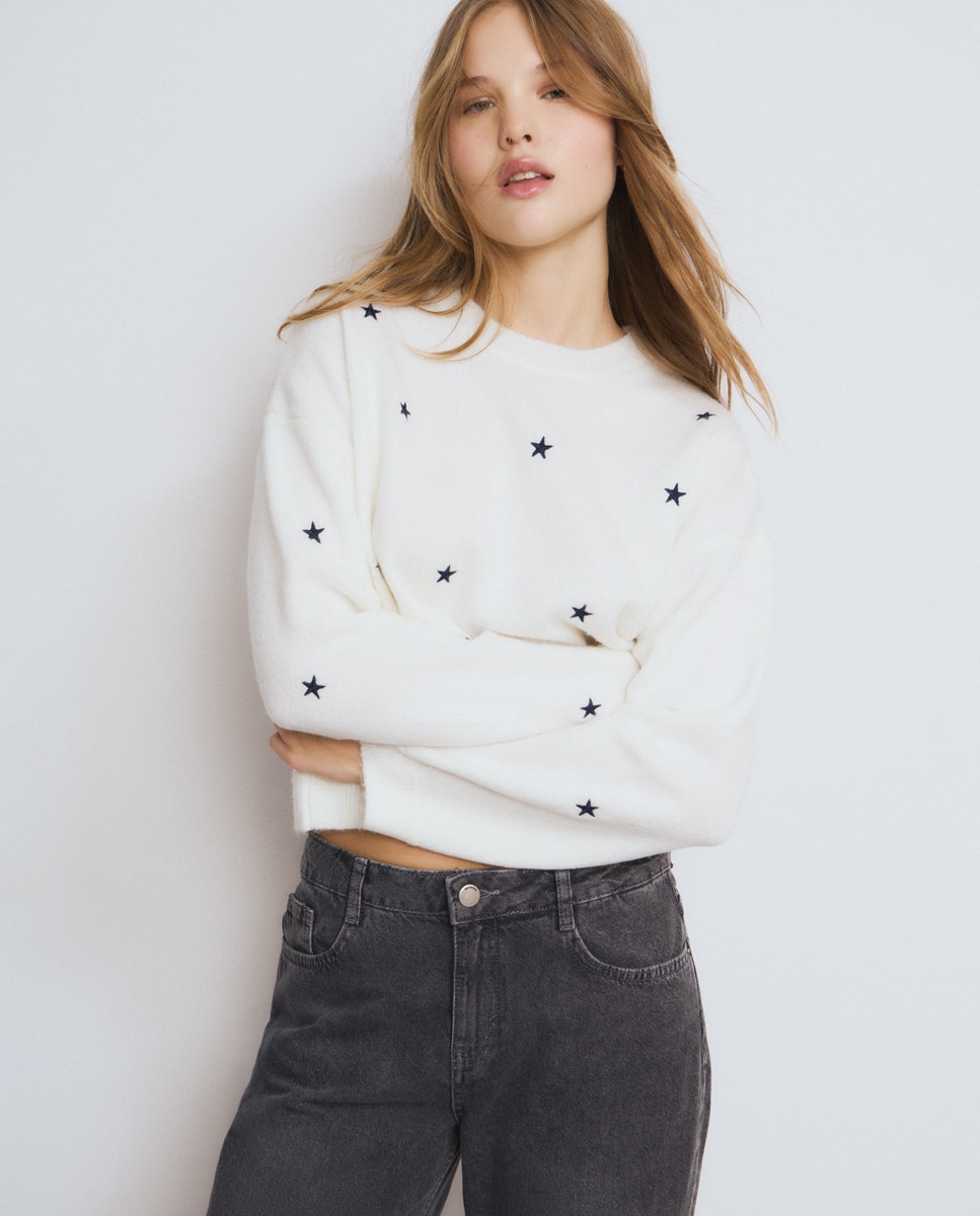 Camisola com Logo e Estrelas Cru-1